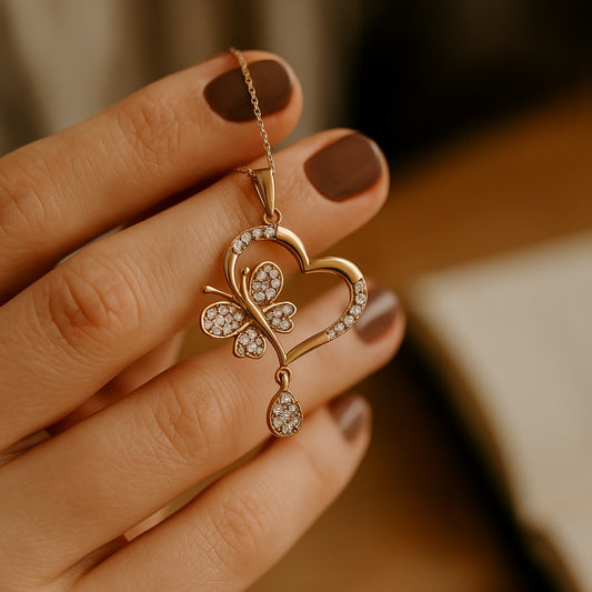 18K Gold Plated Open Heart & Butterfly Pendant with Pave CZ Crystals image 0