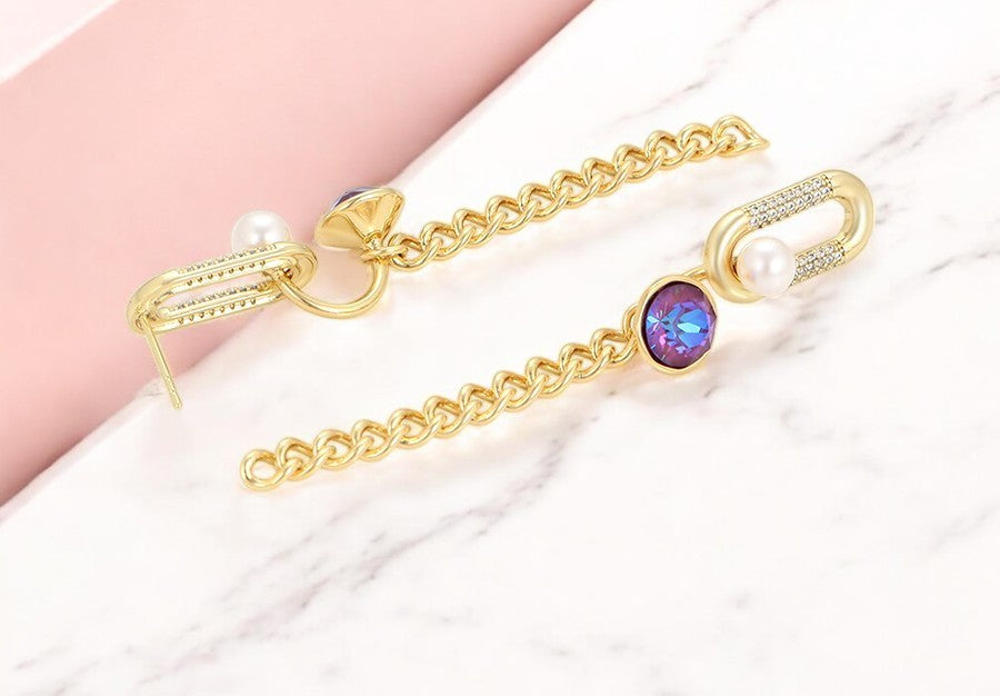 14K Gold Plated Paperclip Chain Dangle Earrings with Purple Crystal image 2