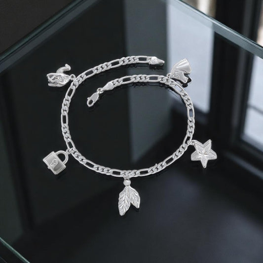 Sterling Silver Plated Figaro Chain Anklet with Leaf, Padlock & Star Charms image 0