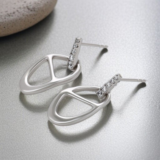 Silver Open Oval Dangle Earrings with Crystal Pave Stud image 0