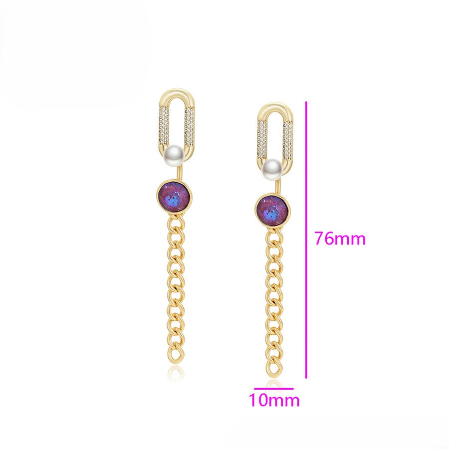 14K Gold Plated Paperclip Chain Dangle Earrings with Purple Crystal image 3