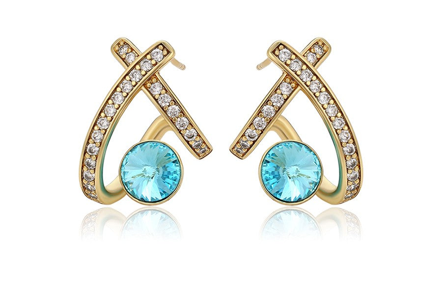 14K Gold Plated X-Shape Stud Earrings in Gold Finish with Coral Blue Stones image 0