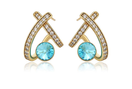 14K Gold Plated X-Shape Stud Earrings in Gold Finish with Coral Blue Stones image 0