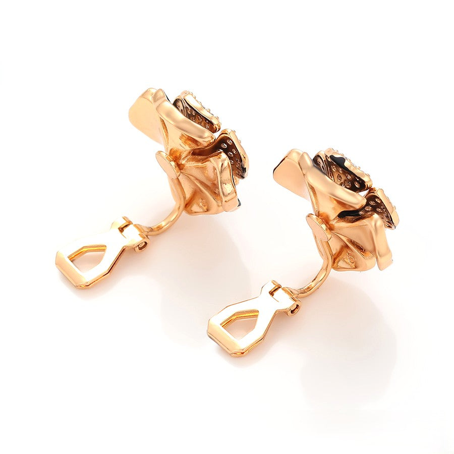 Gold Plated Black Enamel Flower Earrings with Crystal Pave image 3