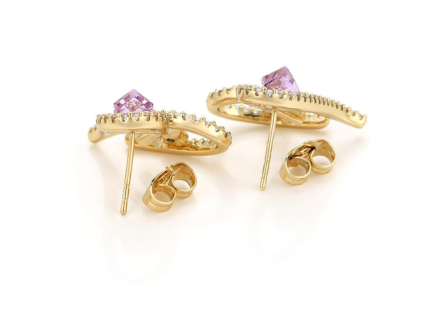 14K Gold Plated Pave Heart Stud Earrings with Purple Crystal Earrings image 3