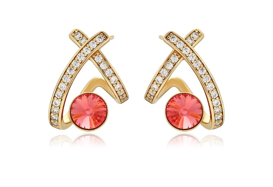 14K Gold Plated X-Shape Stud Earrings in Gold Finish with Coral Red Stones image 0