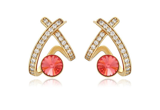 14K Gold Plated X-Shape Stud Earrings in Gold Finish with Coral Red Stones image 0