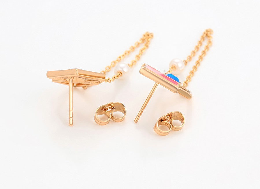 18K Gold Plated Geometric Dangle Earrings with Pink Enamel, Blue Crystal & Pearl image 3
