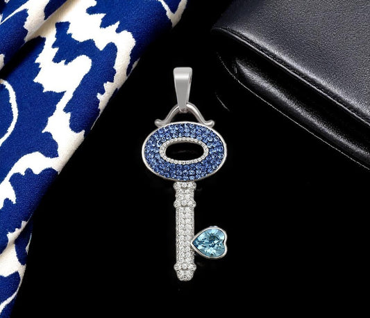 Crystal Key Charm in Sterling Silver with Blue Heart Accent image 0