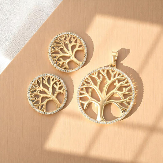 Nature Inspired Gold Tree of Life Round Pendant & Earring Gift Set image 0