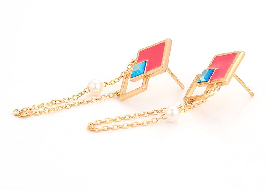 18K Gold Plated Geometric Dangle Earrings with Pink Enamel, Blue Crystal & Pearl image 6