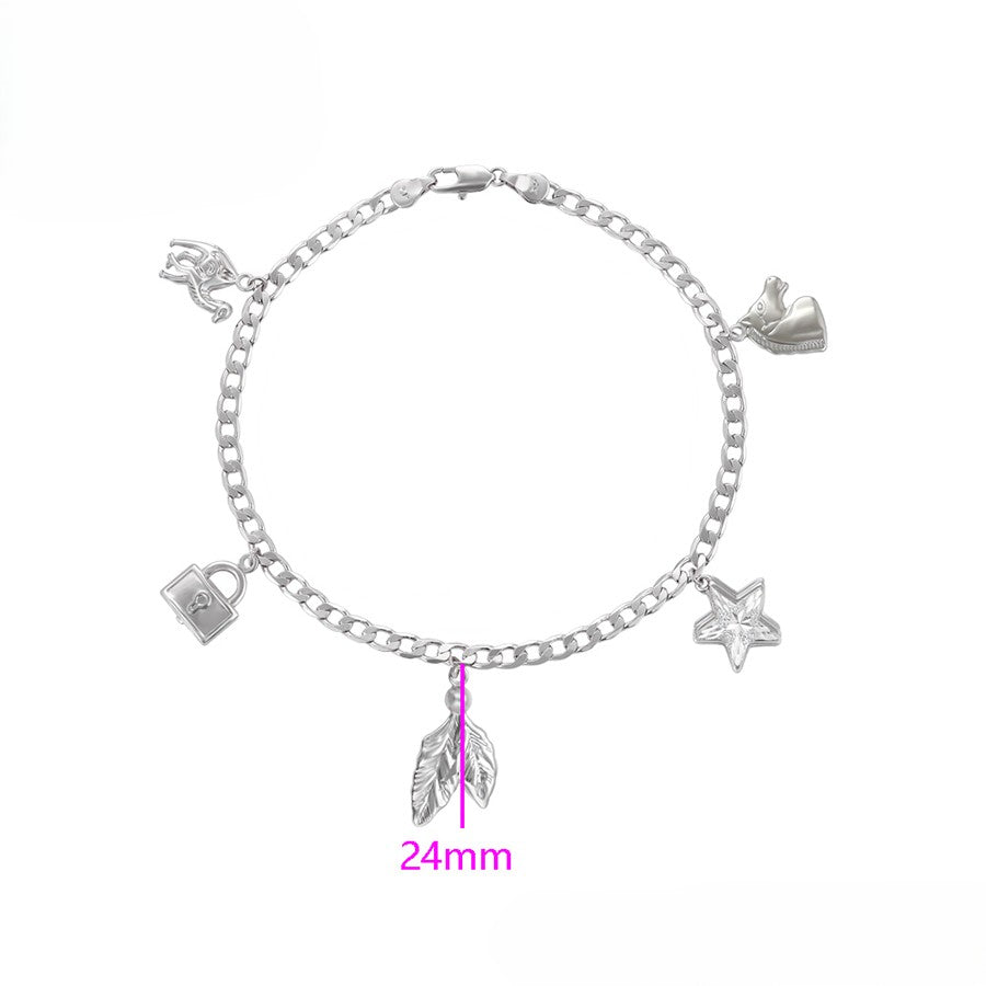 Sterling Silver with Lock, Key, Star, Arrow, and Leaf Charms Anklet image 2