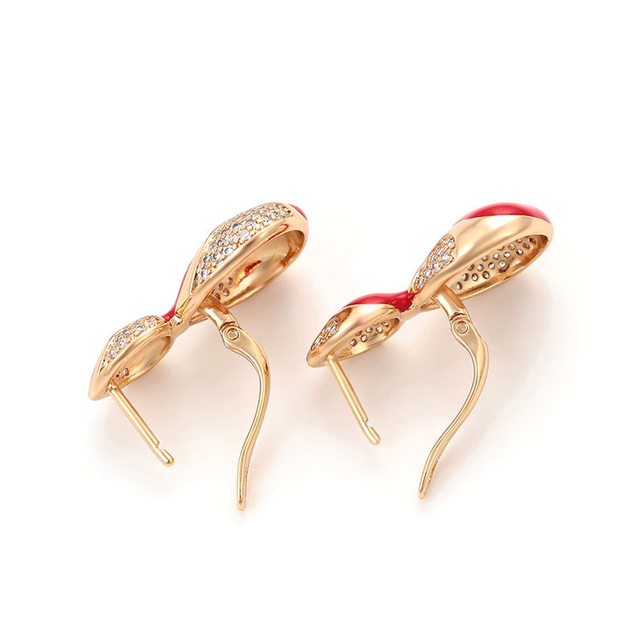 18K gold plated - Unique S-Shape Earrings with RedEnamel Accents and Crystal Emb image 2