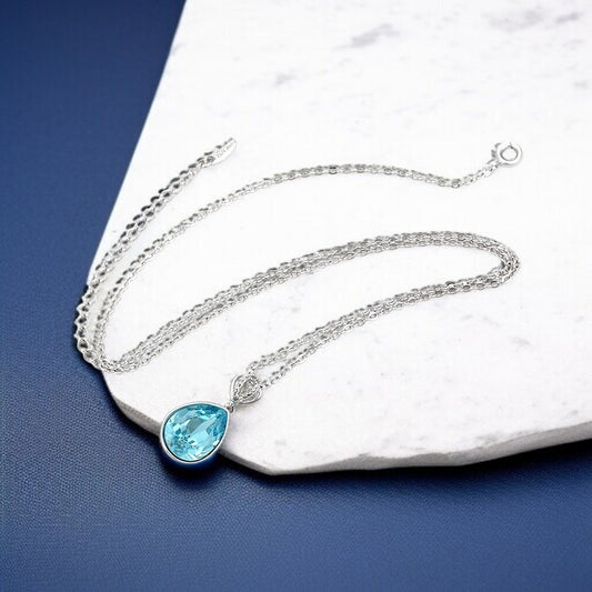 Platinum Plated Blue Crystal Teardrop Pendant Necklace image 0