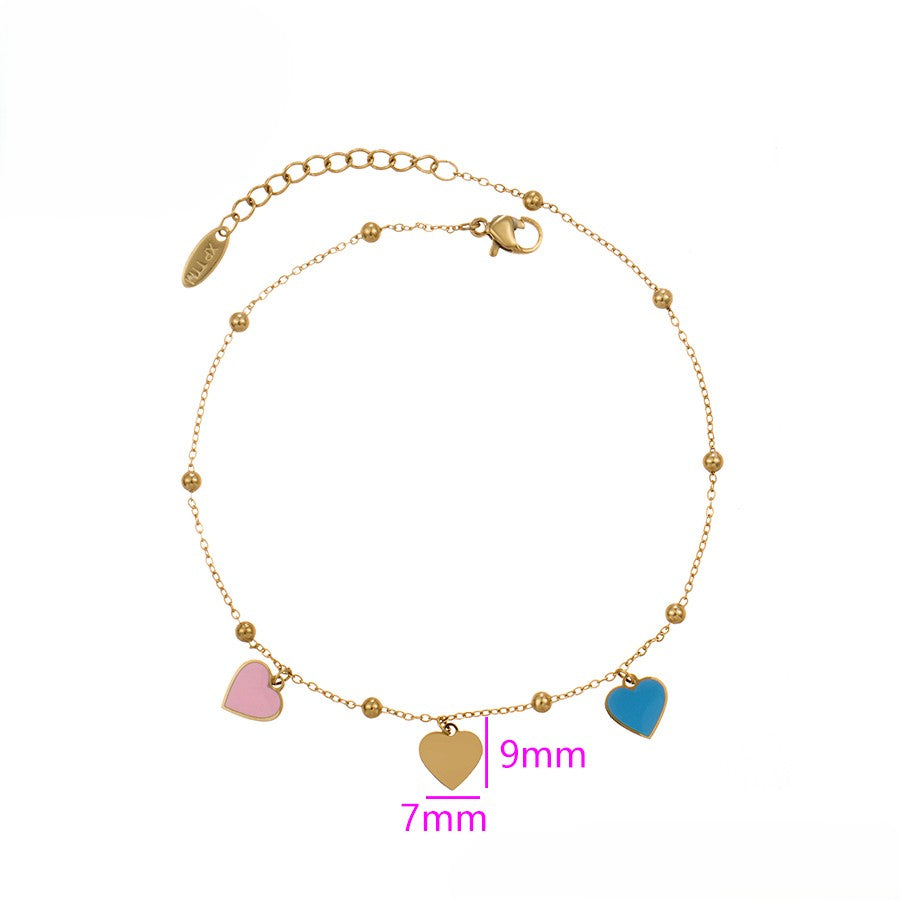 14K Gold Plated Bead Chain Anklet with Pink, Blue & Gold Enamel Heart Charms image 3