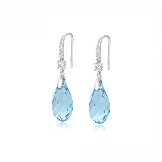 Aquamarine crystal teardrop dangle earrings, platinum plated