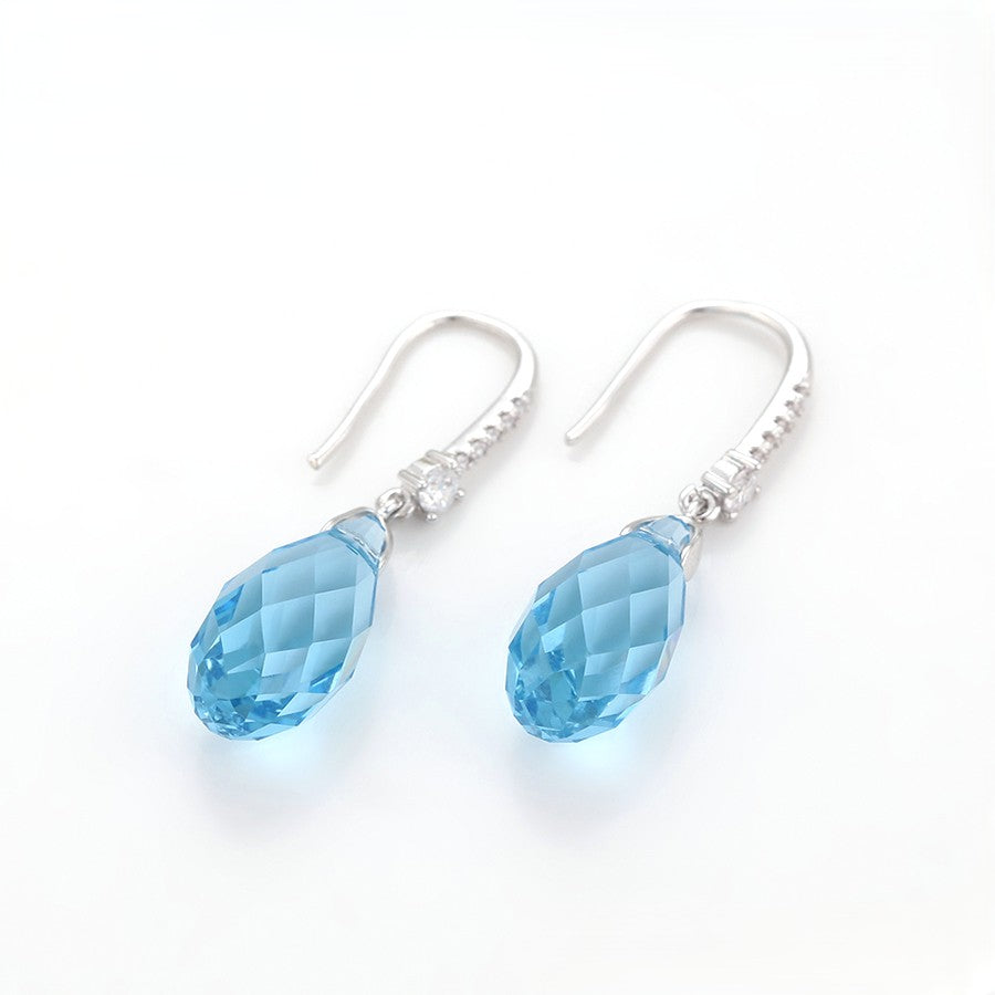 Aquamarine crystal teardrop dangle earrings, platinum plated