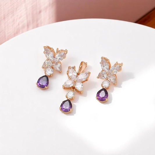 14K Rose Gold Plated Butterfly Pendant & Stud Earrings Set image 0