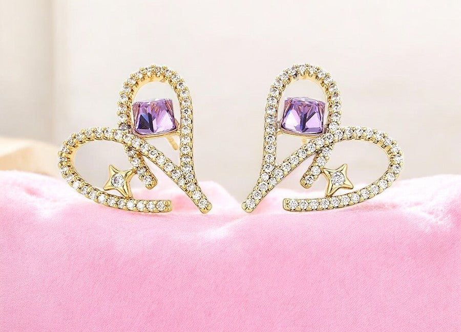 14K Gold Plated Pave Heart Stud Earrings with Purple Crystal Earrings image 0