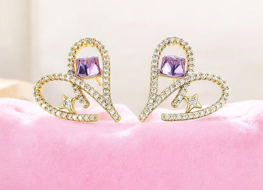 14K Gold Plated Pave Heart Stud Earrings with Purple Crystal Earrings image 0