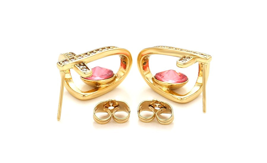 14K Gold Plated X-Shape Stud Earrings in Gold Finish with Coral Red Stones image 2