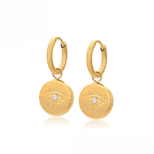 Dainty Gold Plated Hoop Earrings with Engraved Evil Eye and Crystal image 0