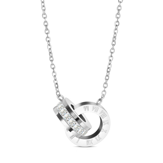 Stainless Steel Interlocking Circle Roman Numeral Crystal Necklace image 0