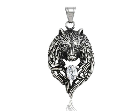 Wolf Charm in Sterling Silver with White Gemstone - Howling Wolf Pendant image 0