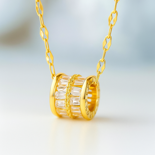 18K Gold Plated Stainless Steel Crystal Cylinder Pendant Necklace