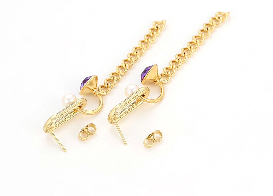 14K Gold Plated Paperclip Chain Dangle Earrings with Purple Crystal image 4