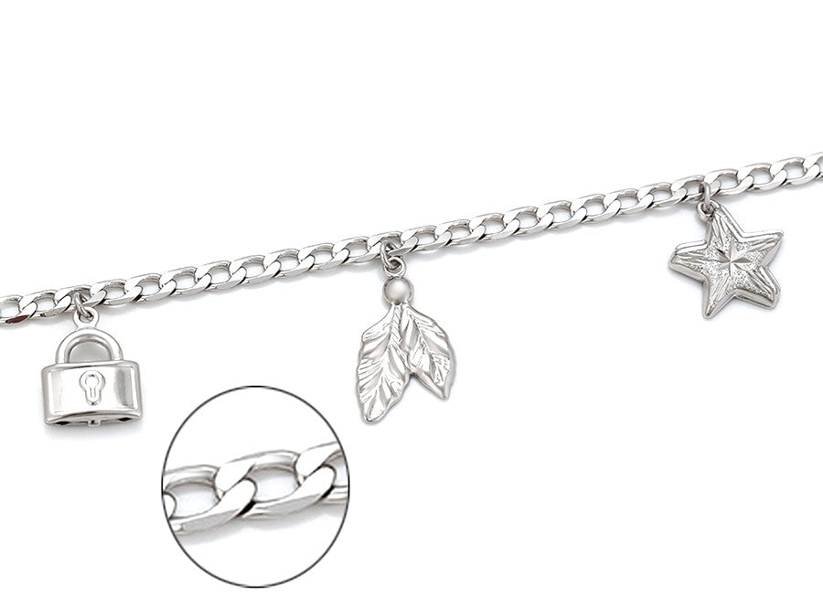 Sterling Silver with Lock, Key, Star, Arrow, and Leaf Charms Anklet image 3