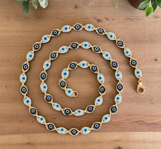 Bohemian Gold Necklace with Multiple Blue Evil Eyes image 0