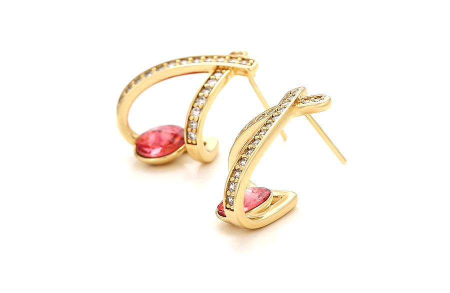 14K Gold Plated X-Shape Stud Earrings in Gold Finish with Coral Red Stones image 4