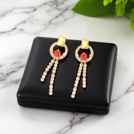 Unique Rose Gold Tassel Earrings with Yellow & Red Crystals image 0