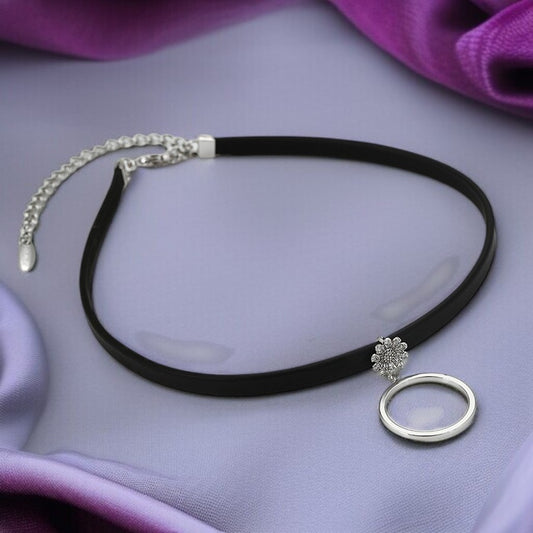 Black Choker Necklace with Crystal Flower & Ring Charm image 0
