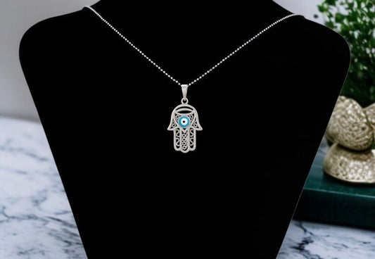 Protective Silver Hamas Hand Pendant with Evil Eye image 0