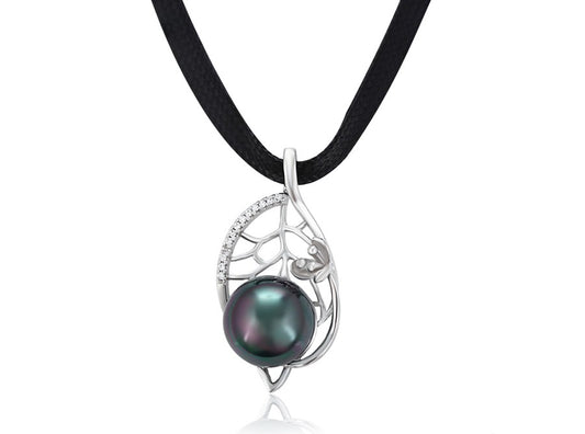 Silver Black Pearl Teardrop Pendant with Leaf and Pave Crystals on Black Cord image 0