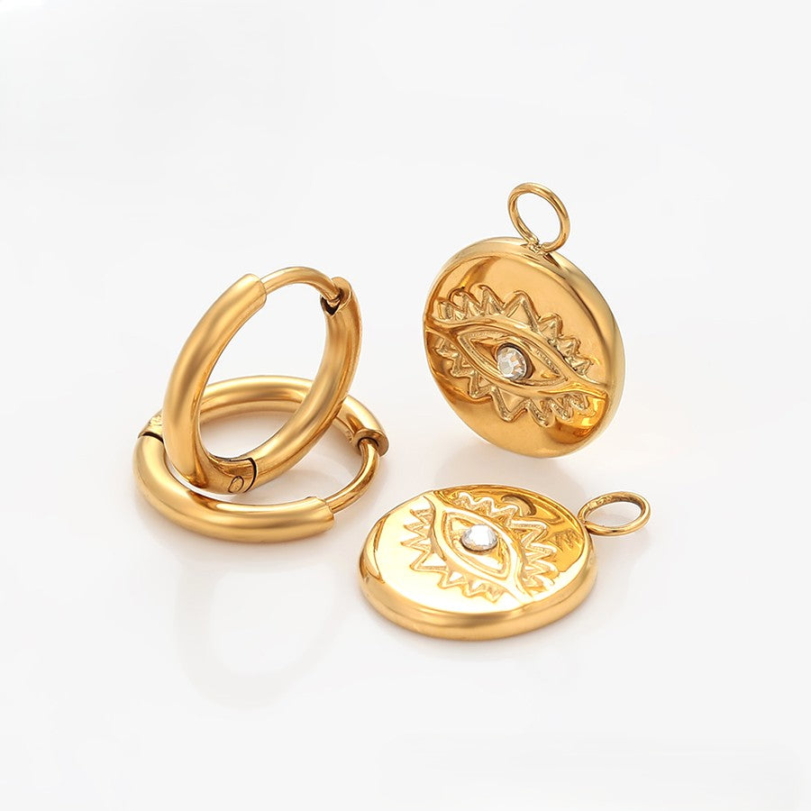 Dainty Gold Plated Hoop Earrings with Engraved Evil Eye and Crystal image 4