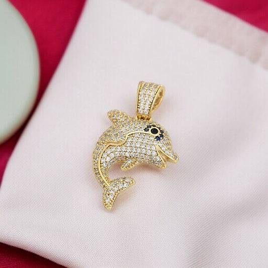 14K Gold Plated Iced Out Dolphin Pendant image 0