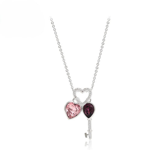 Sweetheart Lock and Pink & Purple Crystal Key Pendant - Platinum Plated image 0