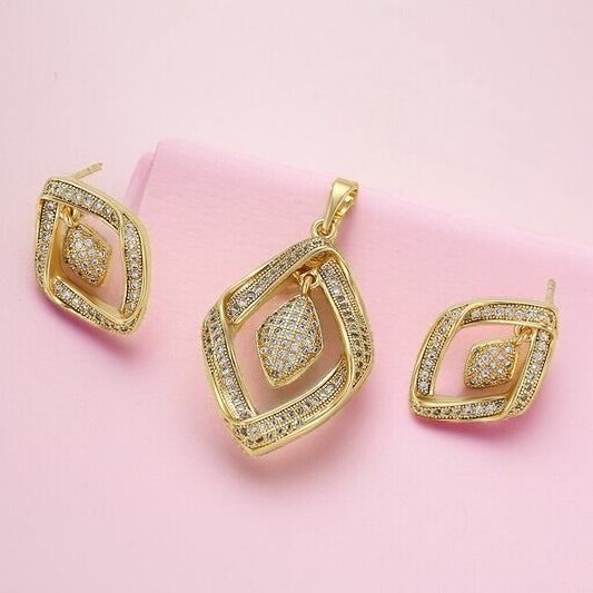 14K Gold Plated Geometric Rhombus Pendant & Drop Earrings Set image 0