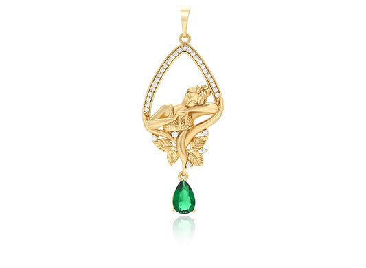 14K gold Plated- Elegant Lady in Leaf Frame with Green Gem Pendant image 0