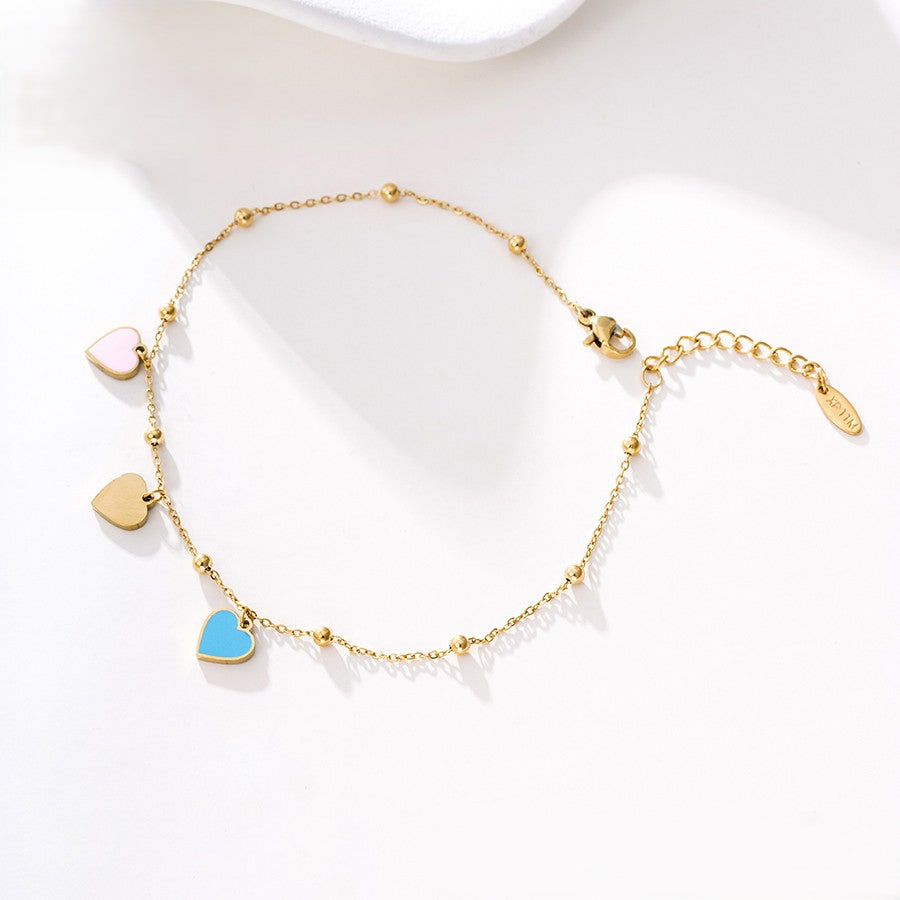 14K Gold Plated Bead Chain Anklet with Pink, Blue & Gold Enamel Heart Charms image 0