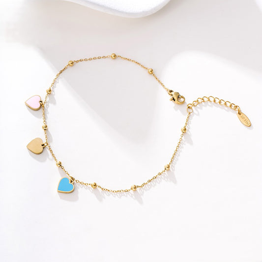 14K Gold Plated Bead Chain Anklet with Pink, Blue & Gold Enamel Heart Charms image 0