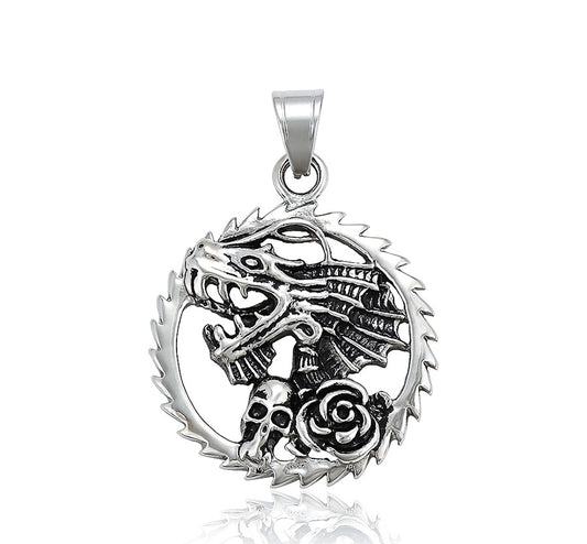 Dragon with Skull and Rose Charm in Sterling Silver image 0