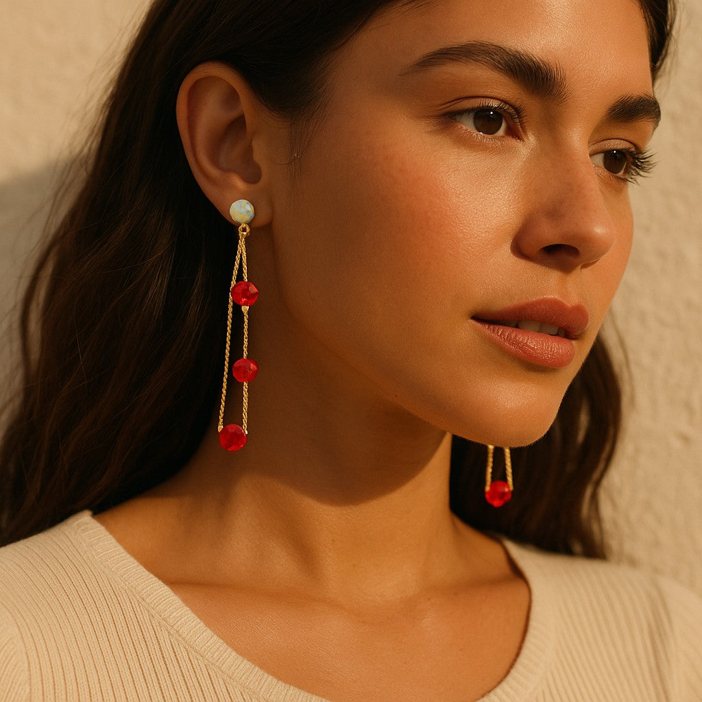 18K Gold Plated Linear Drop Earrings with Red Crystals image 1