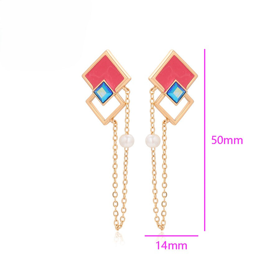 18K Gold Plated Geometric Dangle Earrings with Pink Enamel, Blue Crystal & Pearl image 1