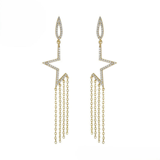 Star Earrings with Chain Fringe and Crystal Accents - 14K Gold Plated image 0
