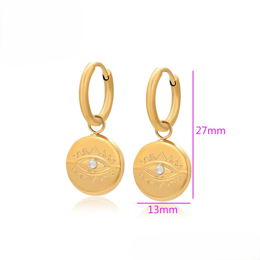 Dainty Gold Plated Hoop Earrings with Engraved Evil Eye and Crystal image 1