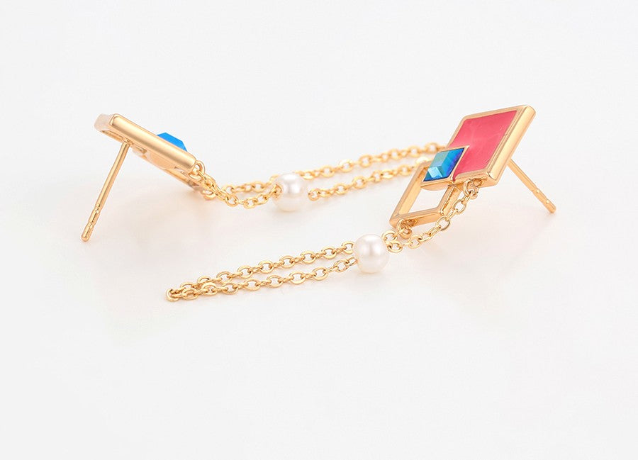 18K Gold Plated Geometric Dangle Earrings with Pink Enamel, Blue Crystal & Pearl image 5